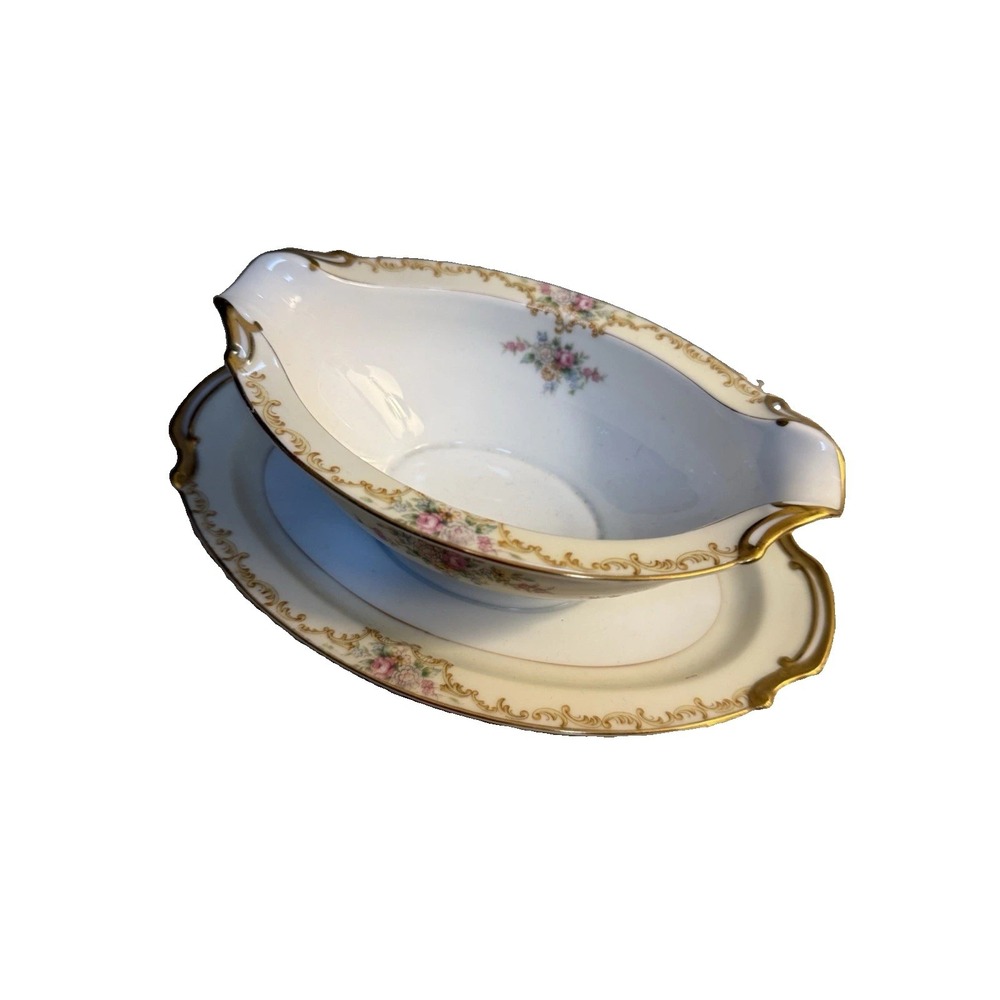 Vintage Noritake "Dovier" Pattern Gravy Boat With attached Underplate